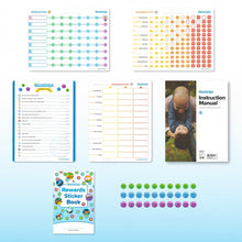 Load image into Gallery viewer, A collection of materials for the Character Badges product, including dry-erase obedience and disobedience charts, a rewards sticker book, character coins, consequence chart, instruction manual, and a child set-up sheet.